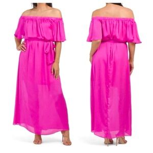 Trina Turk Hot Pink Georgette Off-the-Shoulder Maxi Dress Size Large